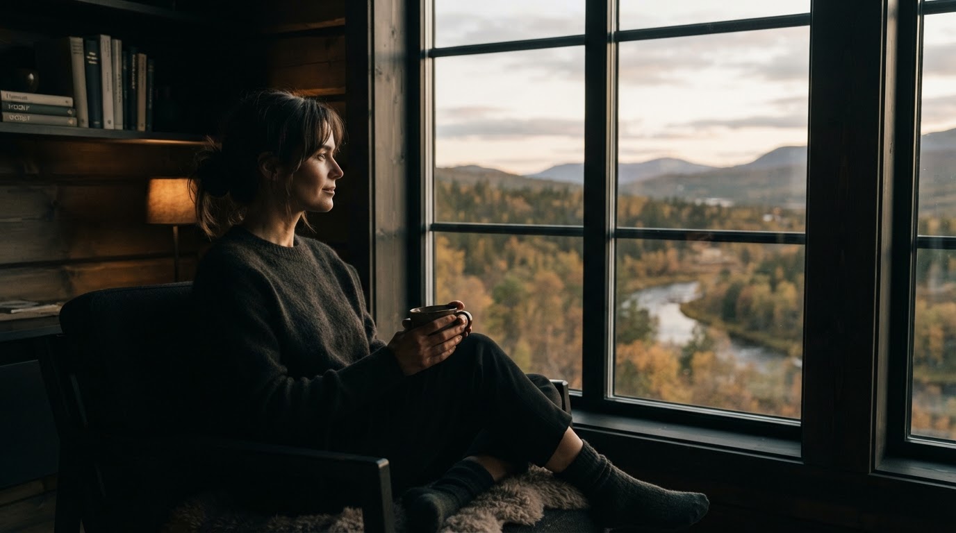En rolig scene som illustrerer slow living forklart, med en person som slapper av i et fredelig hjemmemiljø.
