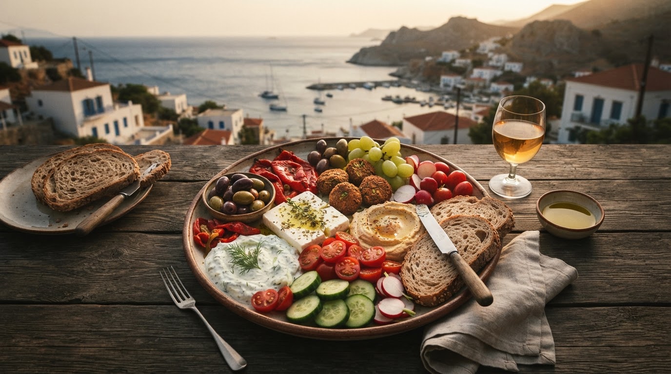 Una colorida mesa con alimentos frescos que representan la dieta mediterránea qué es y sus ingredientes principales.