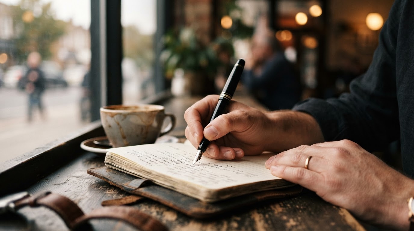 Tangan menulis cepat dalam jurnal, menunjukkan kebiasaan morning pages untuk penulis