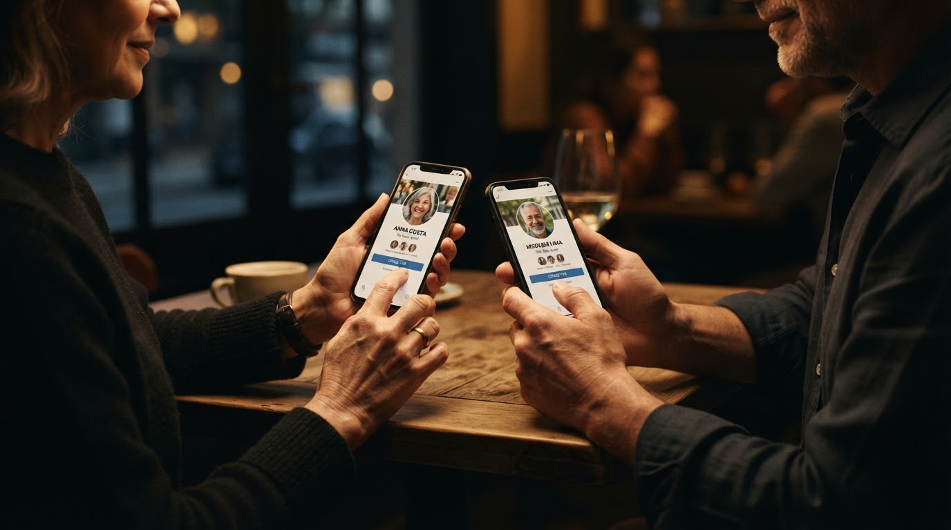 Mãos digitando em um smartphone, procurando perfis de amigos antigos em redes sociais.