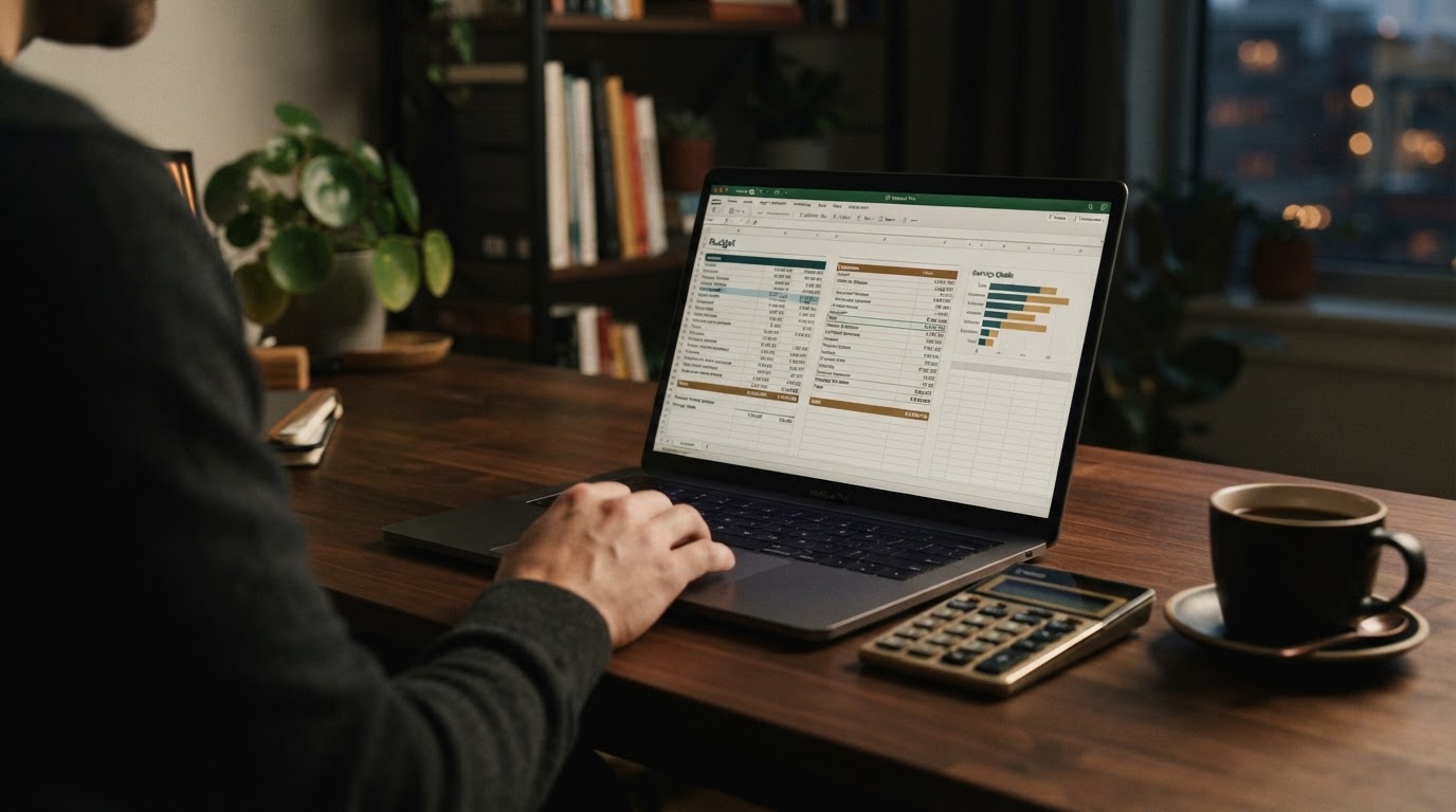 En åpen regneark-app på en laptop som viser et detaljert budsjett for å spare penger raskt.