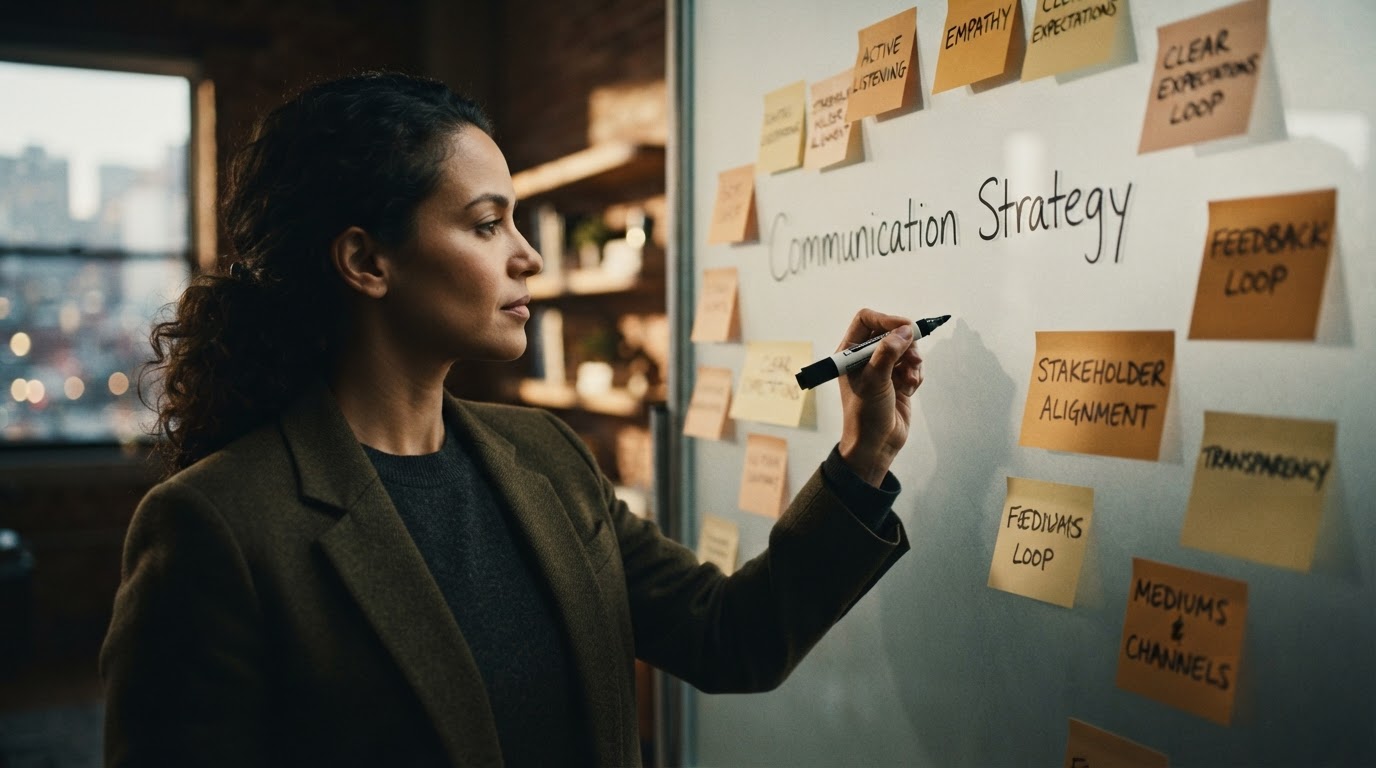 Lavagna con strategie di comunicazione per migliorare il dialogo e prevenire i conflitti nel team.