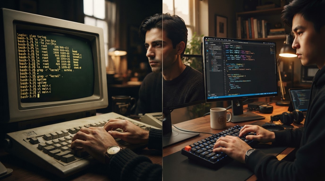 Kodlama öğrenme araçlarının tarihsel evrimini gösteren komut satırı ve modern IDE karşılaştırması.
