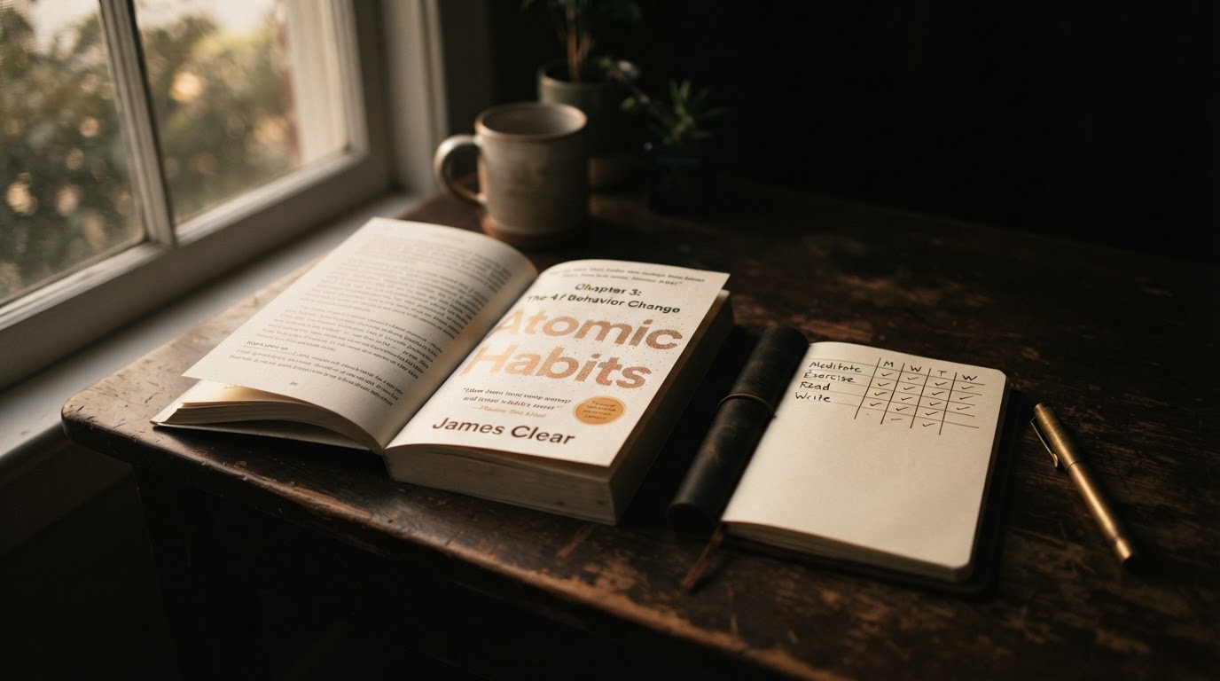 『Atomic Habits』の本と習慣トラッカーのノートが置かれた机。
