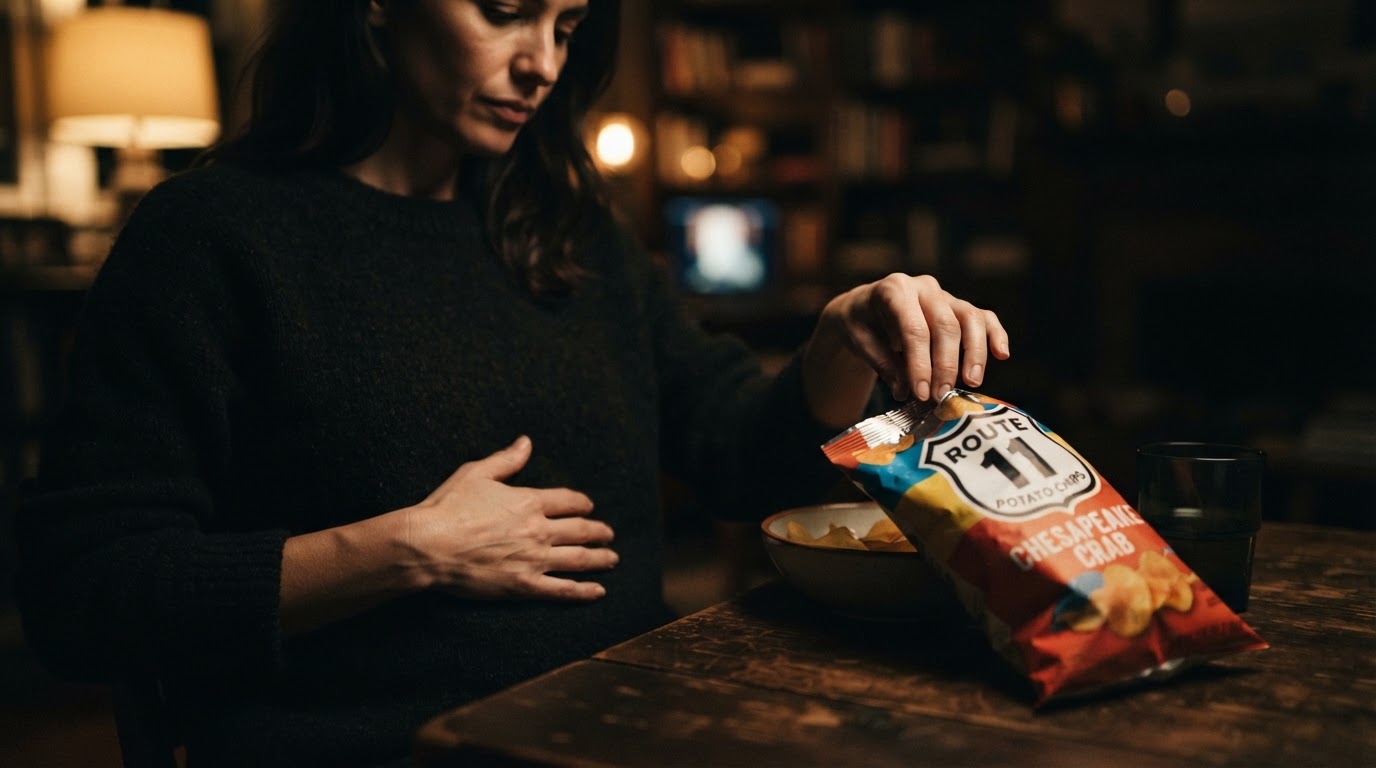 Kéz nyúl feldolgozott snack után, miközben hasfájásra utaló mozdulatot tesz.