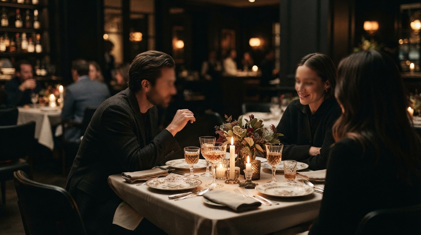 Une table dressée pour un supper club intime, reflétant les habitudes supper club introvertis avec une atmosphère calme et accueillante.