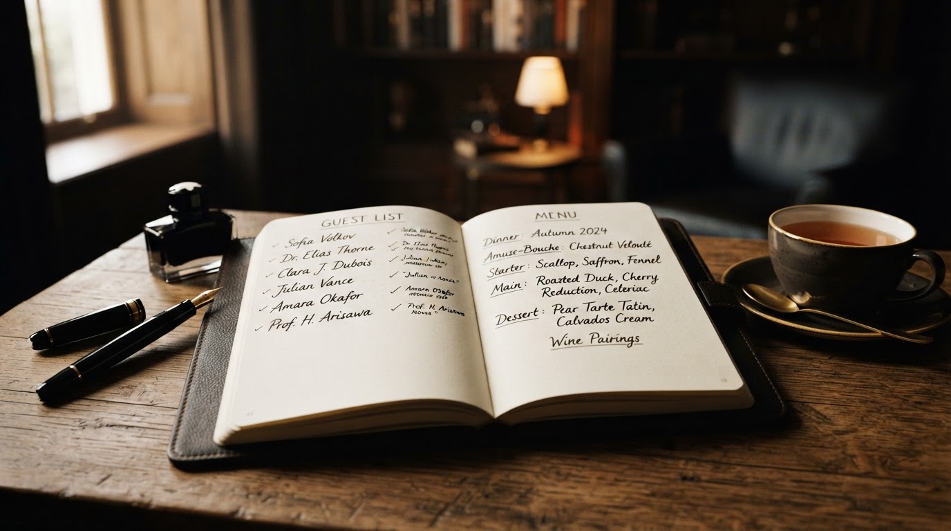 Carnet de notes avec une liste d'invités et un menu, symbolisant la planification détaillée pour un supper club introverti.