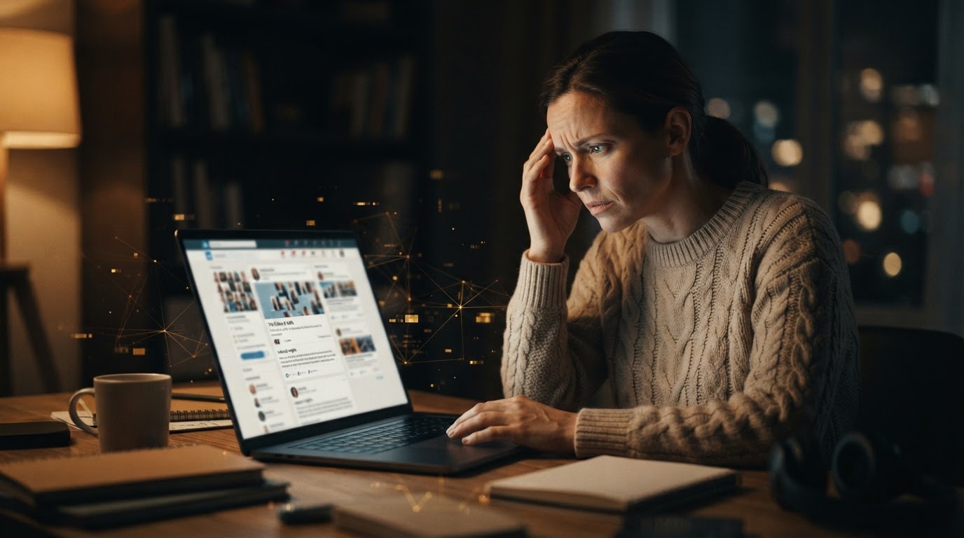 Egy zavart freelancer néz egy laptopot, amelyen LinkedIn hírlevél felület látható, illusztrálva a LinkedIn hírlevél kezdő freelancereknek potenciális nehézségeit.