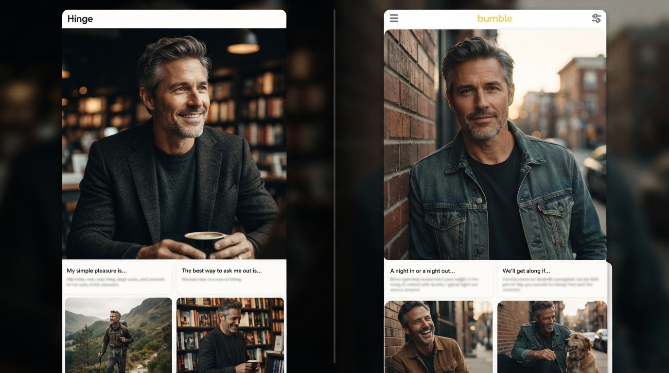 Hinge profiilinäkymä ja Bumble profiilinäkymä rinnakkain, esitellen deittisovellusten vertailua.