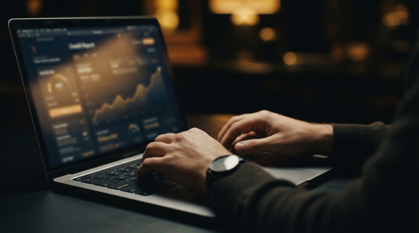 Händer som navigerar en digital kreditrapport för att förstå hur man höjer kreditbetyg.