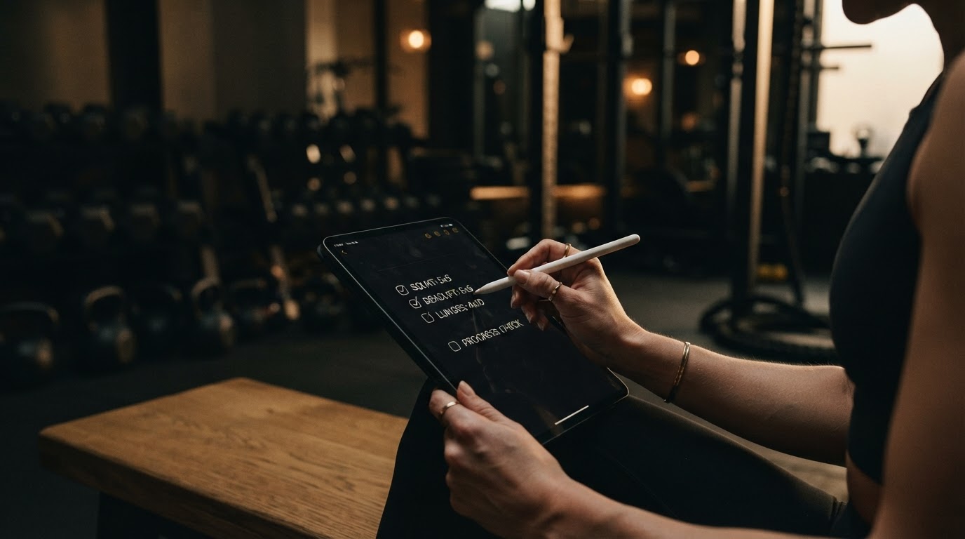 Bàn tay đang đánh dấu vào checklist khôi phục thói quen tập gym hàng ngày trên máy tính bảng.