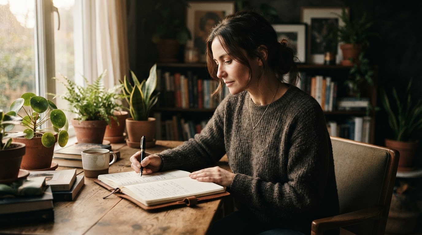 Frau schreibt in ein Notizbuch, symbolisiert Selbstreflexion und die Suche nach emotionaler Heilung nach Scheidung.