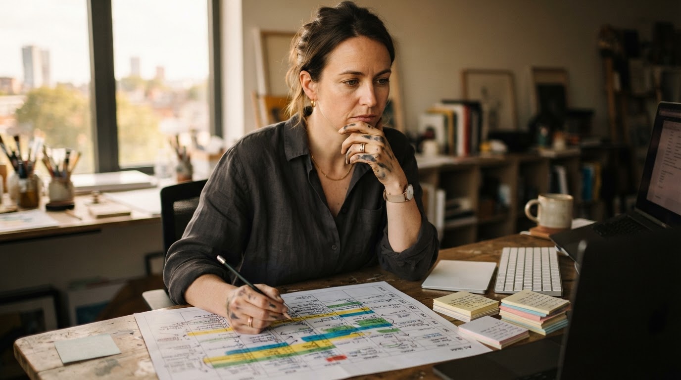 En kunstner sidder foran en computer med et kalenderprogram og en liste over opgaver, der illustrerer tidsblokering og opgavebatching for kreative.