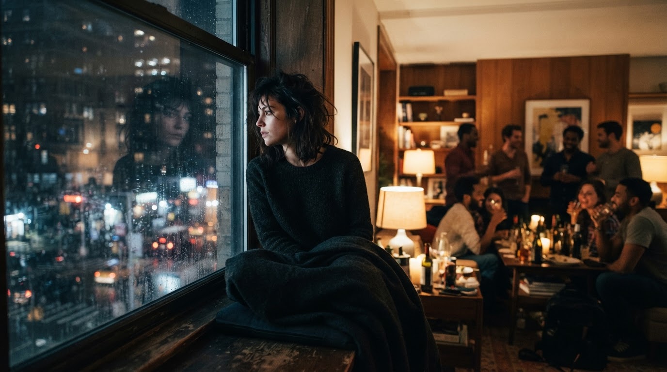 Eine isolierte Person blickt nachts aus dem Fenster, während andere Gemeinschaft erleben, was die soziale Isolation von Schichtarbeitern verdeutlicht.