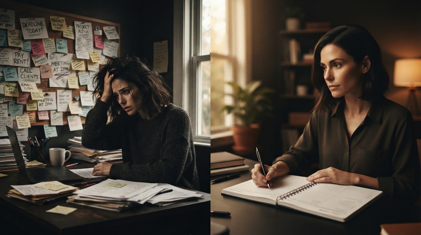 Person med ADHD som hanterar sinneskaos med hjälp av produktivitetsmetoder.